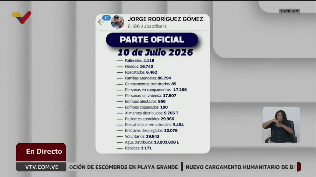 Balance oficial o parte oficial del gobierno de Venezuela tras los sismos, 10 de julio de 2026