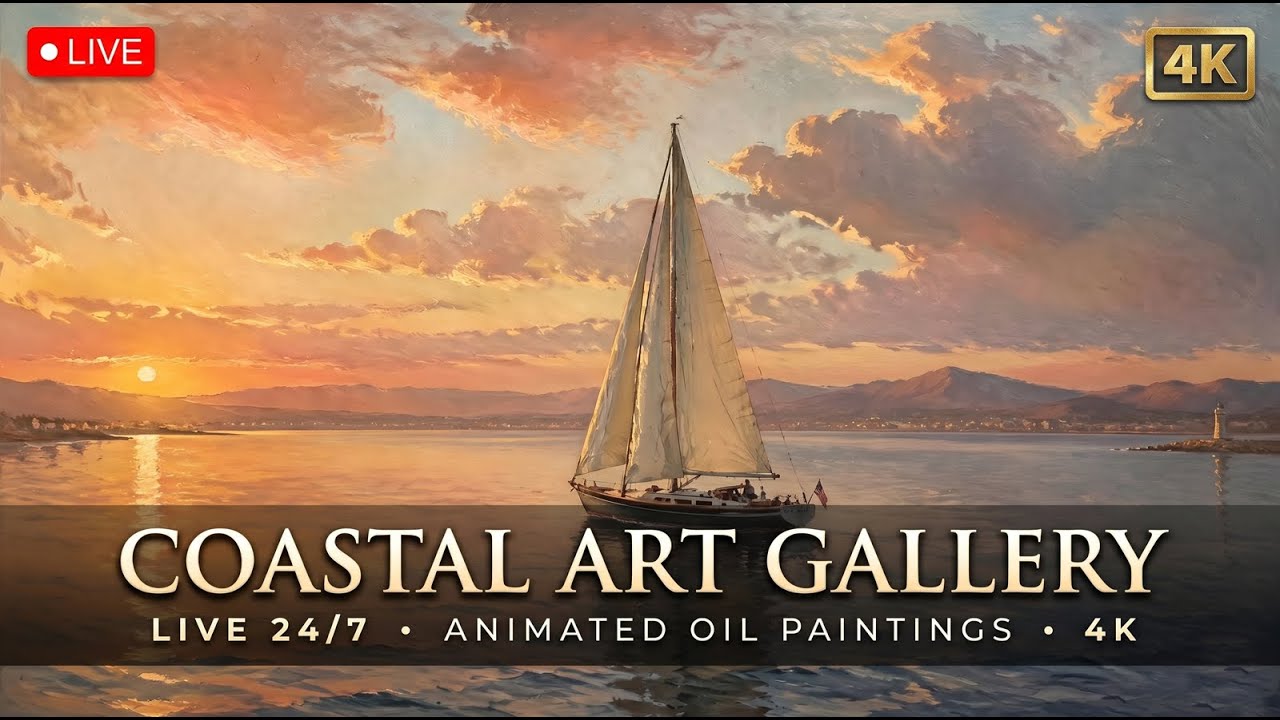Animated Coastal Paintings - Ocean Sounds & Crashing Waves - 4K Live Art 🔴 LIVE — 4K ambient art screensaver in baroque gold frame