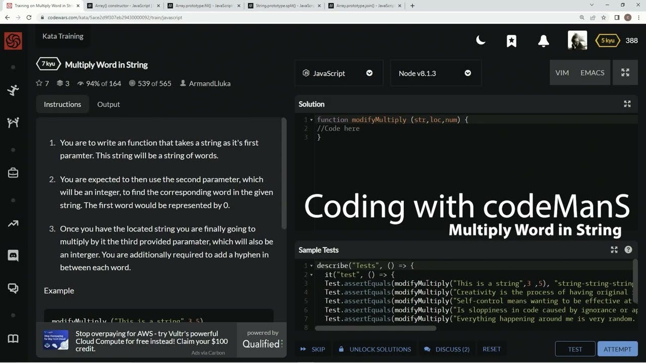 Codewars 7 kyu Multiply Word in String JavaScript