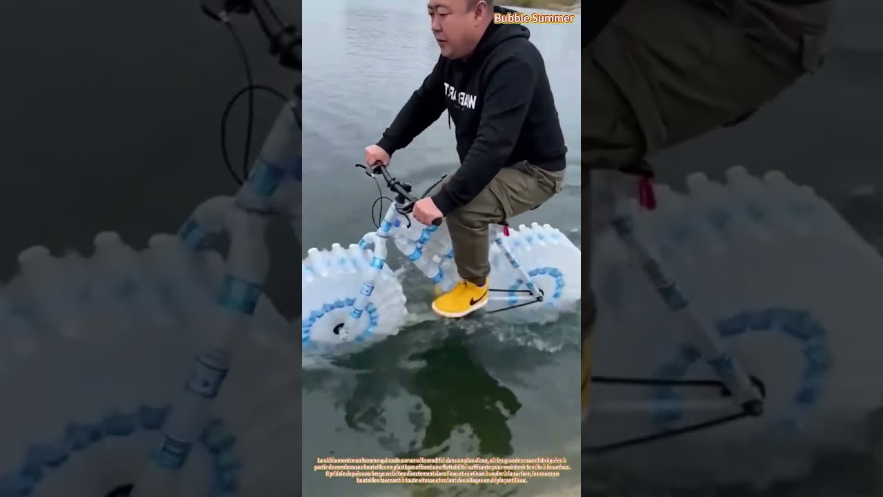 Vélo flottant à roues de bouteilles : rouler à vélo sur l'eau