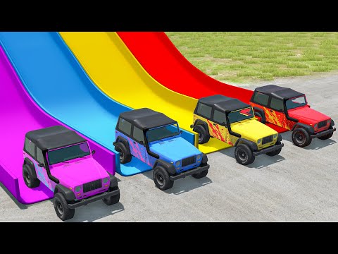 Cars vs Slide Color with Portal Trap - Flatbed Trailer Long Cars Transport of Color - BeamNG.Drive