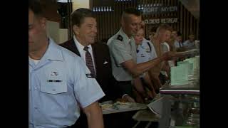 President Reagan in Mess Line and Eating with Troops, after radio address, on May 17, 1986