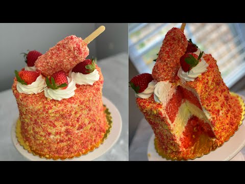 Beautiful EASY Strawberry Crunch Cake|How To