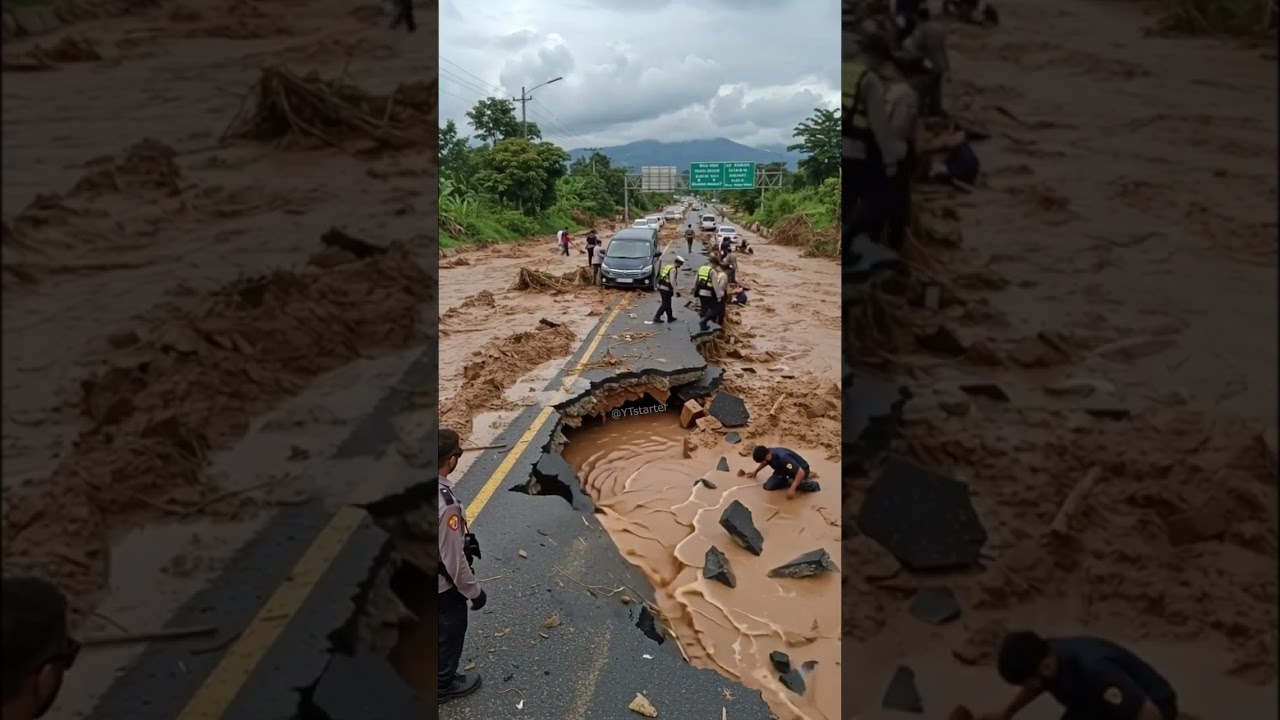 Banjir Bandang Hancurkan Jalan, Polisi ikut Terperosok! #shorts