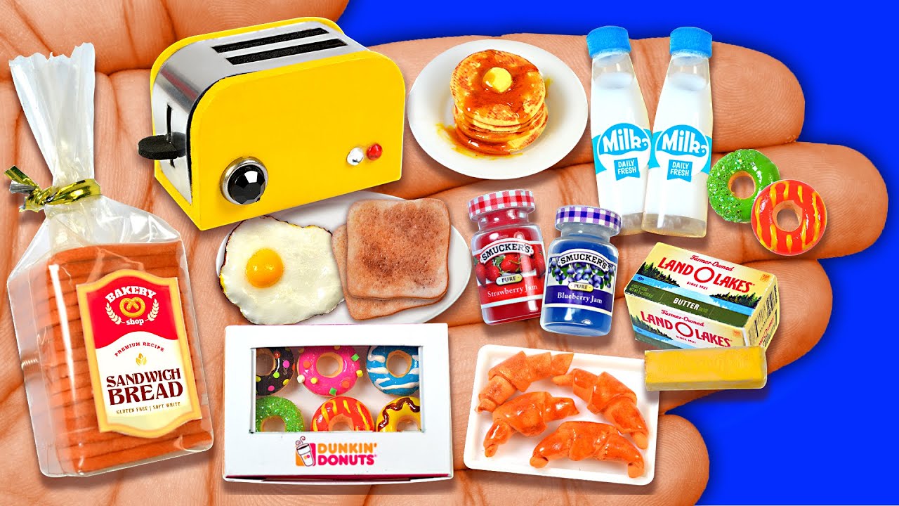16 DIY Miniature Bread Smuckers Jam Butter Toaster Egg Dunkin Donuts Croissants Milk Bottle Pancakes