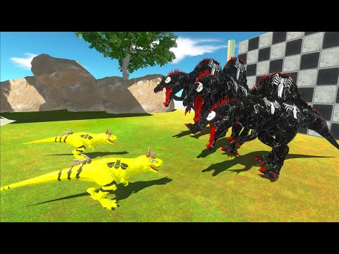 2X BUMBLEBEE T-REX vs 3X VENOM SPINO VS SPIDERMAN DRAGON DEATH FALL - Animal Revolt Battle Simulator