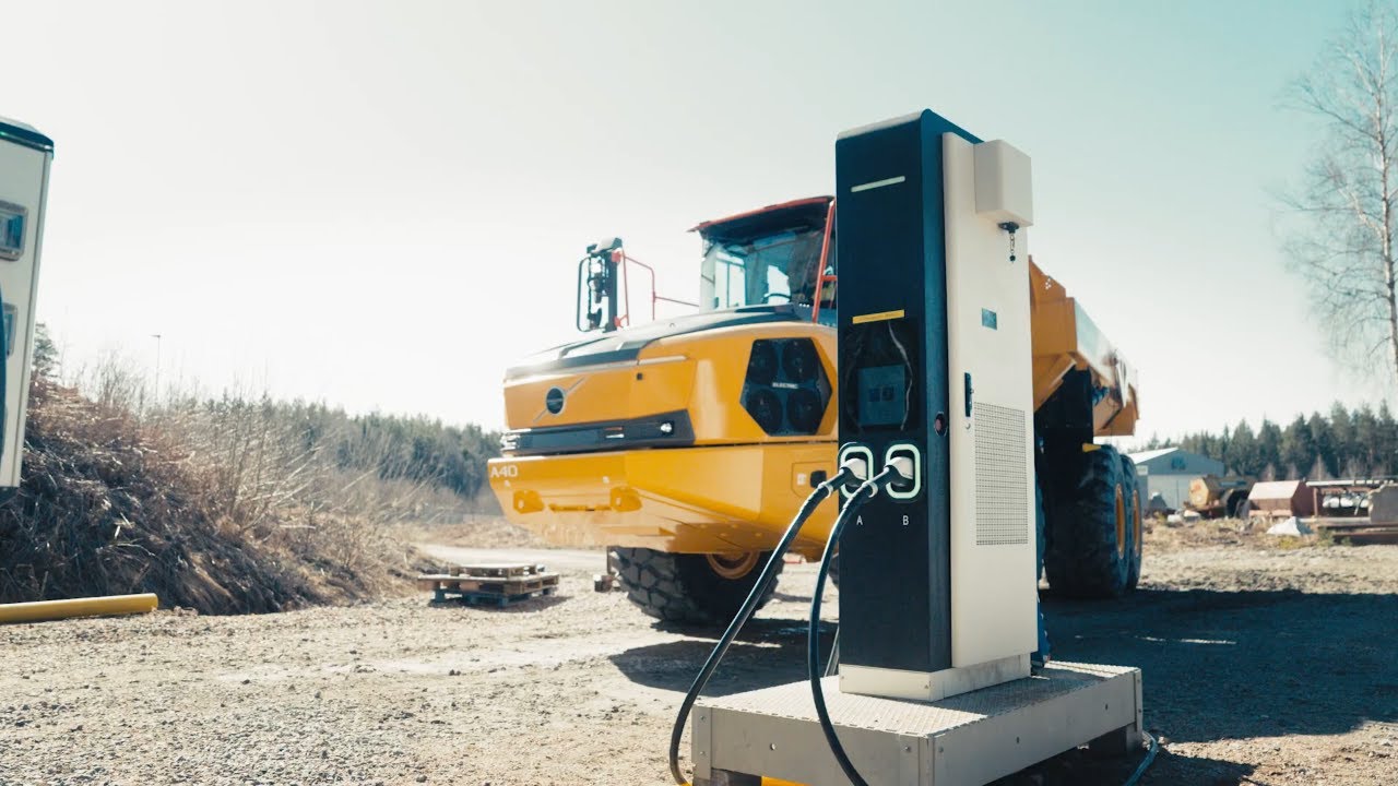 Volvo CE A30 Electric articulated hauler on a construction site during first serial production run at the Braas factory in Sweden
