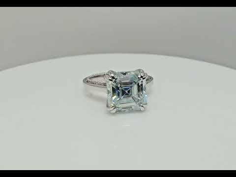 Platinum Ring with 8.5mm Aqua Blue Moissanite Diamond, Ascher Cut 3.20 Carat