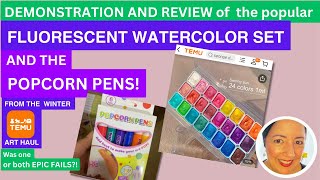 DEMONSTRATION AND REVIEW of  the popular TEMU Fluorescent Watercolor Set and the Popcorn Pens