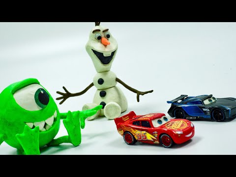 Cars 3 Toys Lightning McQueen & Jackson Storm RACERS for Play Doh Olaf & Monsters University Mike Video