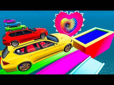 Big & Small Cars vs Portal Trap with Slide Colors – Cars vs Trains vs Police Cars – BeamNG.Drive