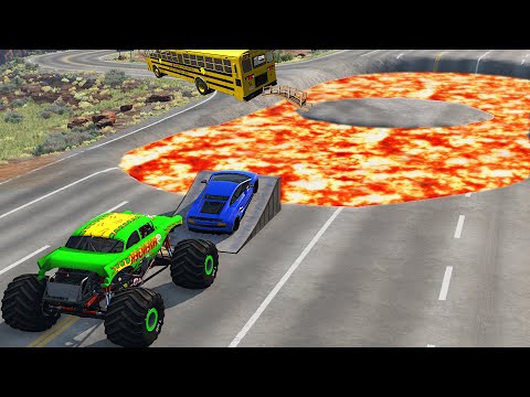 Monster Truck and Cars vs Lava - jumps over lava - BeamNG Drive