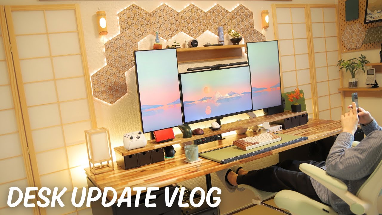 和風テイストのデスクセットアップツアー🍁｜和風ナノリーフと壁掛け竹ランプの自作🎍｜ファーノーのモニターアームを試す！🖥💪