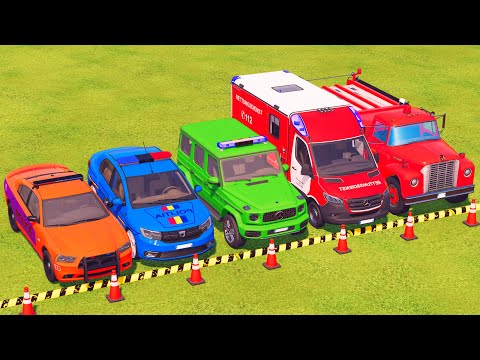 TRANSPORTING DODGE POLICE CARS, MERCEDES AMBULANCE CAR, FIRE DEPARTMENT TRUCK WITH TRUCKS - FS22