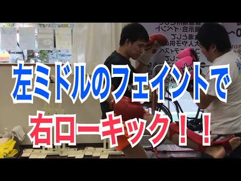 左ミドルキックのフェイントから、右ローキックを当てるフェイントテクニック