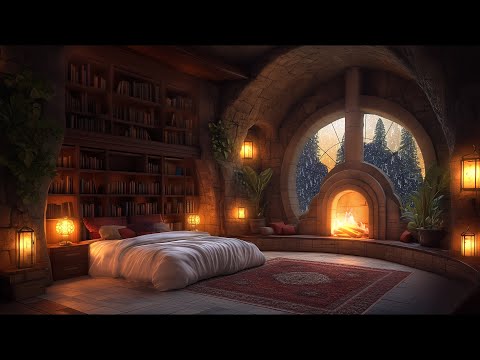 Nighttime Thunderstorm Haven: Rustic Castle Room Ambience with Fireplace and Rain Sounds - 12 Hours