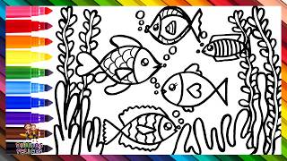 Dibuja Y Colorea Un Paisaje Debajo Del Mar Con Lindos Peces 🐠🐟🐡🌊🌈 Dibujos Para Niños
