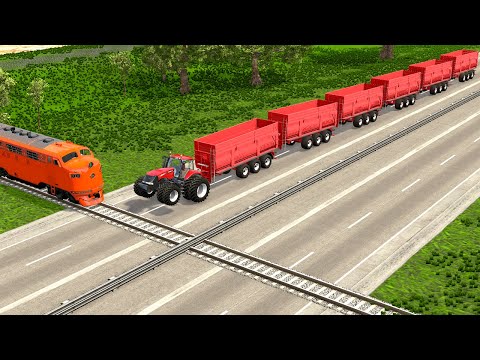 Train Tractor Crossing Rail Track - Cars vs Speed Bump vs Rails #2 - BeamNG.Drive