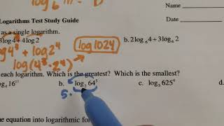 Algebra 2 Logarithms Review PART 1 (MCHS Unit 9 Study Guide #1-5)