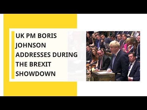 UK PM Boris Johnson addresses during the Brexit showdown at British Parliament