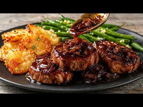 Zarte Schweinefilet-Medaillons in dunkler Balsamico-Zwiebel-Soße mit Parmesan-Kartoffeln