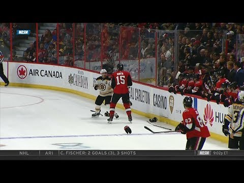 Brad Marchand fights Zack Smith after hit on Grzelcyk 10/23/18