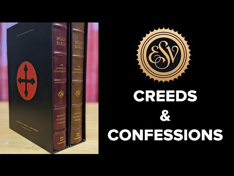 ESV with Creeds and Confessions Bible in BURGUNDY and BROWN over Board Covers