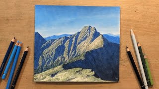 Sunlit Mountain Ridge - Landscape Drawing in Colored Pencil