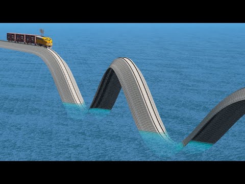 Impossible Weird W Shape Rail Wave Tracks Vs Trains Crossing Giant Pit - BeamNG.Drive