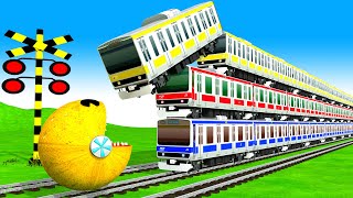 【踏切アニメ】あぶない電車 vs Pacman 🚦 Fumikiri 3D Railroad Crossing Animation #1