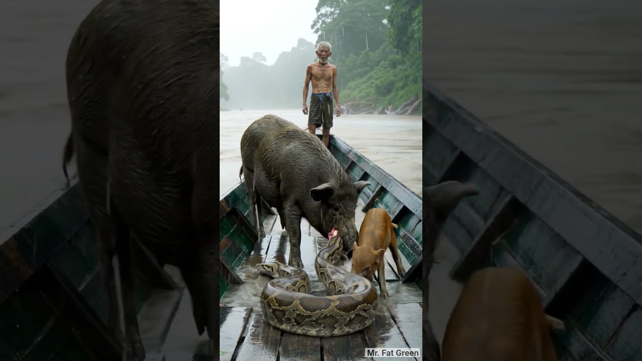 The mother pig saved the old man from the giant python in the river