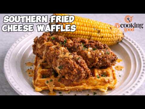 Double-Dipped Buttermilk Fried Chicken on Red Leicester Cheese Waffles with Hot Honey