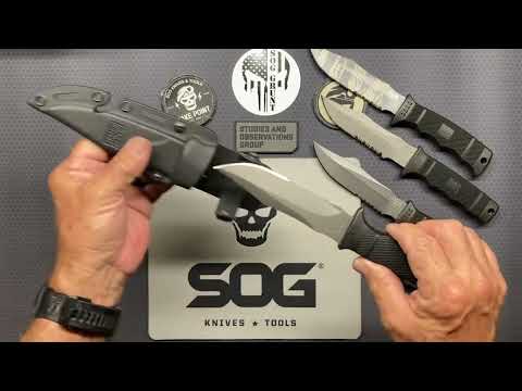SOG Seal Pup Fixed Blade Knives laid out on the workbench.
