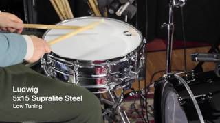Video thumbnail for Snare Drum Tuning Test: Ludwig 5x15 Supralite Steel by Mike Dawson (HomeStudioDrummer)