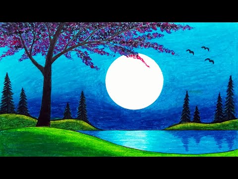 How to Draw Beautiful Moonlight Over the Lake Scenery...