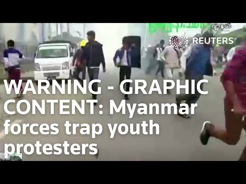 警告--圖片內容。仰光抗議活動激增，緬甸軍隊困住青年抗議者。 (WARNING - GRAPHIC CONTENT: Protests surge in Yangon as Myanmar forces trap youth protesters)