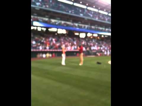 Kristina Curtis sings the National Anthem for the Angels in April 2010
