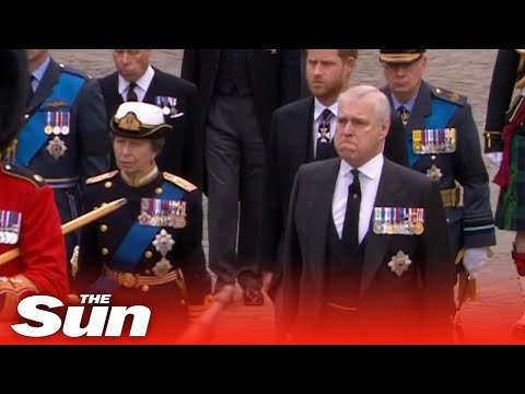 Moment Prince Andrew fights back tears during Queen's funeral