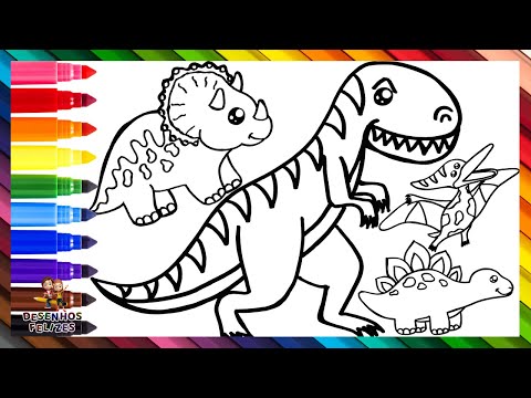 Desenhar e Colorir 5 Dinossauros 🦖🦕🌋 T REX e Mais 🌈 Desenhos para Crianças