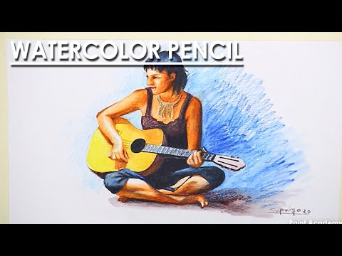 Watercolor Pencil Drawing Girl with A Guitar