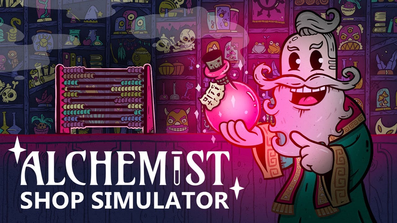 Promotional still featuring potion brewing and fantasy shop management gameplay