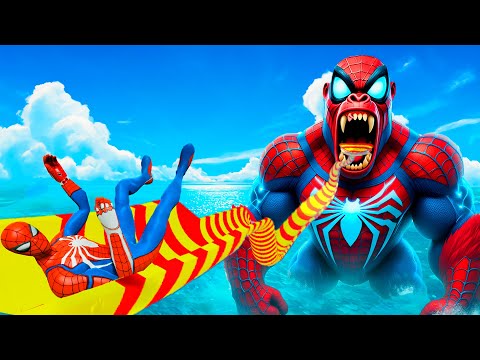 SPIDER KING KONG IN GTA 5! SPIDERMAN VS WATER SLIDES! Superhero Challange #spiderman #ragdolls