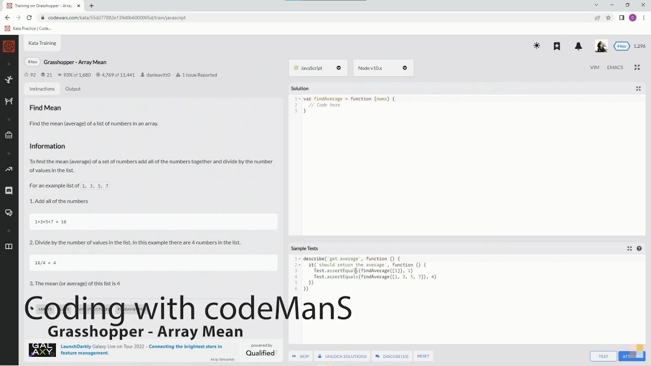 Codewars 8 kyu Grasshopper - Array Mean Javascript