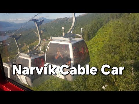Going uphill on cable car in Narvik city in Norway