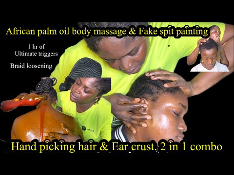ASMR ✨Palm Oil body scrub Massage, hand picking hair crust, Ear  picking and blowing  & Spit paint.