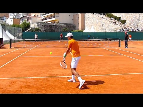 Novak Djokovic Backhand Slow Motion in Court Level View -  ATP Tennis Two Handed Backhand Technique
