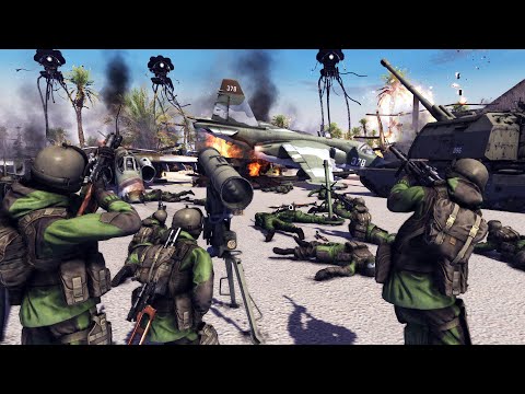 GIANT TRIPODS attack Military Airbase Defenses! - Call to Arms: War of the Worlds Mod