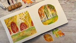 Watercolor tutorial, Painting Autumn landscape, sketchbook painting