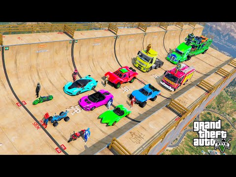 GTA V Stunts a crazy long jump challenge by cars, trucks [GTAV MODS] لعبة جراند القفز من منحدر خطير