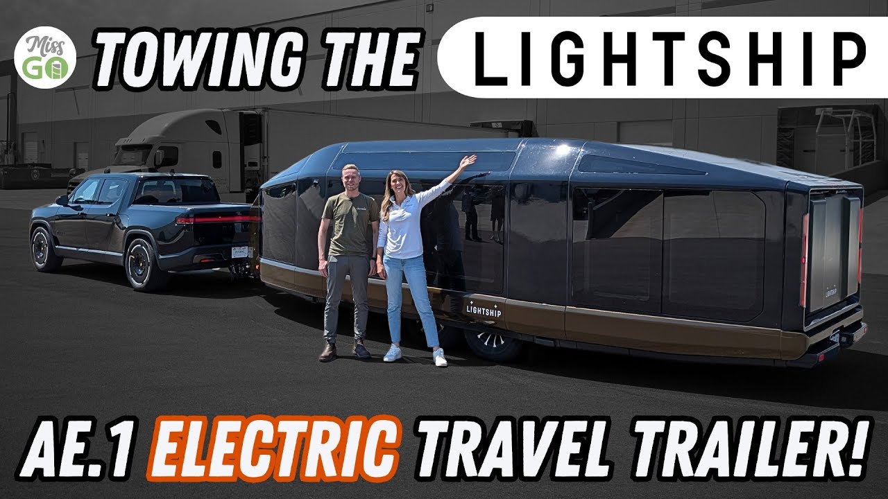 Lightship AE.1 electric travel trailer towed by a Rivian